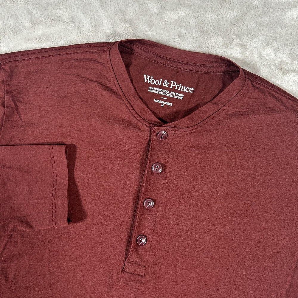 Wool & Prince Mens M Maroon Long Sleeve Henley Merino Wool Shirt AV2940